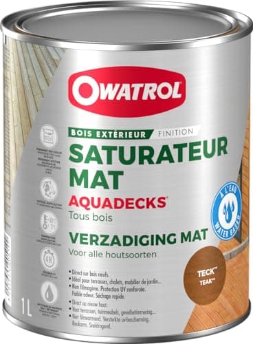 OWATROL – AQUADECKS – Teinte Teck – Saturateur Mat à l'Eau pour Protection Bois Exotiques Extérieurs Teck Ipé Bangkiraï Acacia Maçaranduba – 1 L