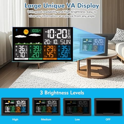 Qxmcov Station Météo sans Fil avec 3 Capteurs, Thermomètre Hygromètre Numériques Intérieure/Extérieure, Ecran LCD Couleur, avec Calendrier l'horloge Réveil Snooze Prévisions Température Humidité