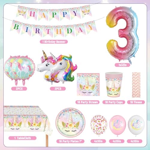 YEJIKJ 3 Ans Anniversaire Licorne Decoration Fille, Vaisselle Kit Assiettes Gobelets Licorne Ballon, Decoration Anniversaire Licorne 3 Ans Kit pour Party Fête Anniversaire Fête Décorations (16 Invités