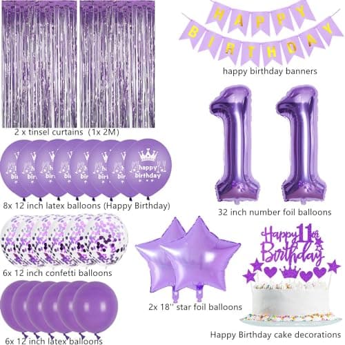 Décoration 11 ans anniversaire fille violet,Rideau Frange Anniversaire 11 ans violet,Ballons 11 ans anniversaire fille violet,Decoration Anniversaire 11 ans fille,11 ans violet Frange Brillant