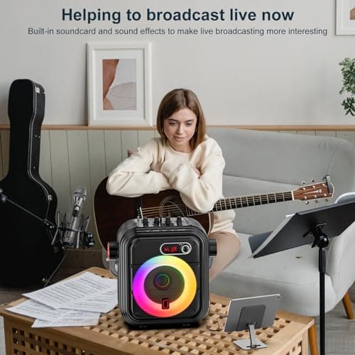 JYX Machine de karaoké avec 2 Microphones sans Fil, Enceinte Karaoke Complet avec Lumières de fête, Portable Système Karaoké Support TWS/AUX/FM/USB/TF Carte
