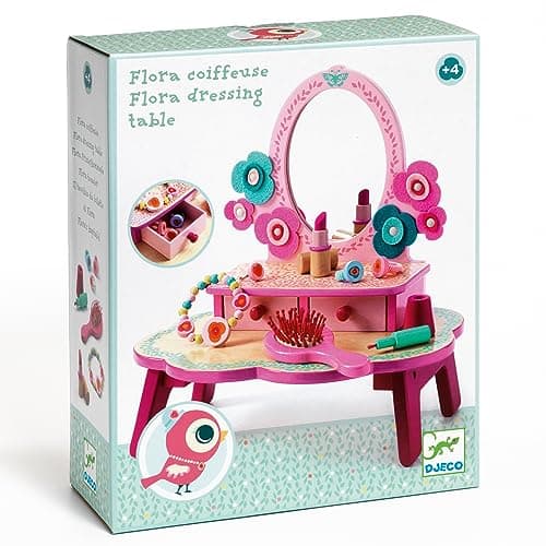 DJECO Coiffeuse en Bois Flora Rose, dès 4 Ans - Jeux d'Imitation & Créativité - Montage Facile - 1 Coiffeuse avec Tiroirs, 1 Miroir, 7 Accessoires Beauté en Bois - L28.5 x l18.7 x H29.7cm