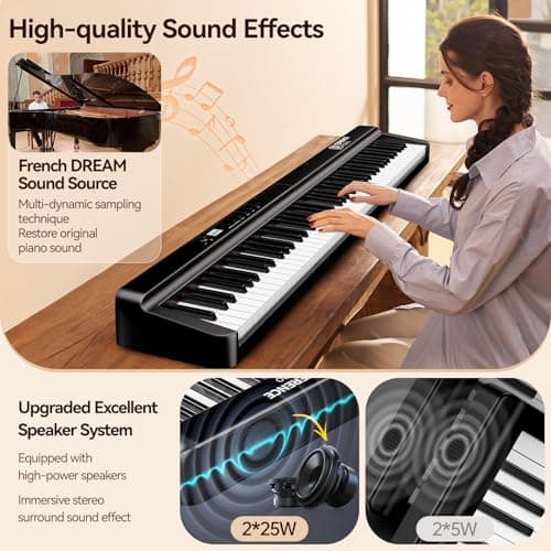 TERENCE Pliable Piano Numérique 88 touches avec Haut parleur 2x25W Batterie de 2000mAh lestées Pédale de Sustain interface MIDI avec support de partitions Bluetooth Sacs pour Piano Câble audio Casque