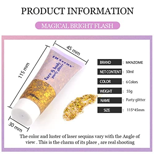 Gel Paillettes Corps, MKNZOME 6 pièces Paillette Visage Festival Maquillage Paillette Visage Gel Paillette Cheveux Glitter Makeup Colle gel Scintillant à Paillettes Longue Durée pour Fête Noël Pâques
