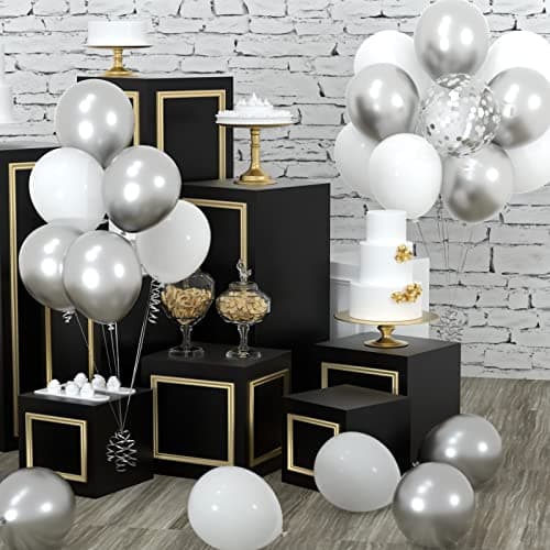 CHRORINE Lot de 50 ballons blancs argentés de 30,5 cm avec rubans à confettis pour anniversaire, fête prénatale, mariage, remise de diplôme, décoration de fête