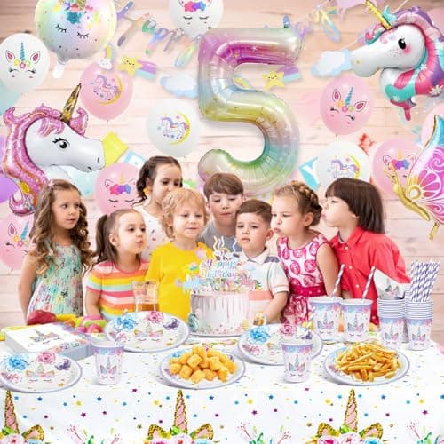 KQMGJYB Anniversaire Licorne Decoration Fille,5 Ans Licorne Vaisselle Anniversaire,Gobelets Serviettes Couverts Nappe Ballon Licorne pour 5 Ans Decoration Anniversaire 16 Invités