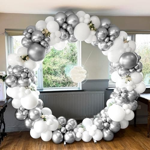 Kit d'Arche Guirlande Ballons Blanc Et Argenté, 116 Pièces Kit d'Arche Ballons Blanc Argenté Métallisé Avec Ballons Confettis Pour Femmes Filles Anniversaire Fête Prénatale Mariage Décoration