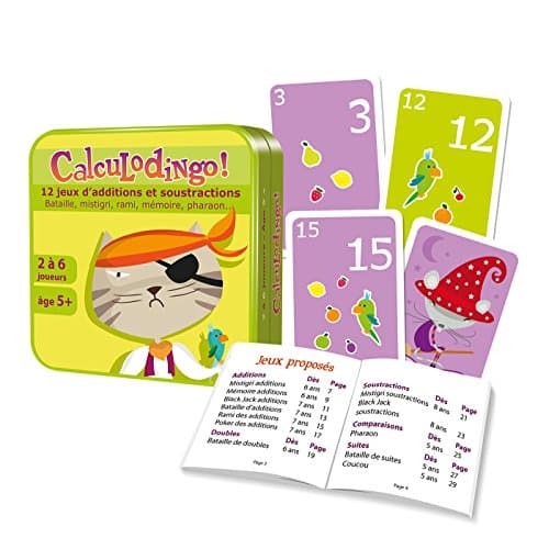 Aritma - CALCULDINGO GS/CE2 - Jeu de Cartes Éducatif dès 5 ans - 12 Jeux d'Aditions et Soustractions - Consolider les Acquis en Calcul Mental - 2 à 4 joueurs - 15 min - Version Française