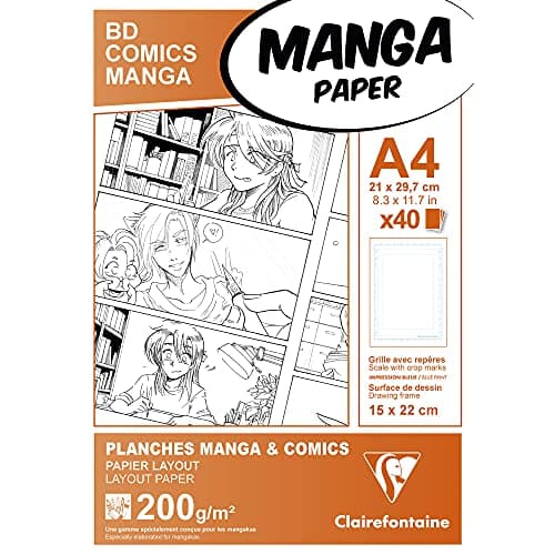 Clairefontaine 94045C Étui Manga et Multi-techniques - 40 Feuilles Papier Dessin Blanc Lisse A4 21x29,7 cm 200g - Papier imprimé avec une Graduation Simple - Idéal pour le Dessin au Feutre à Alcool