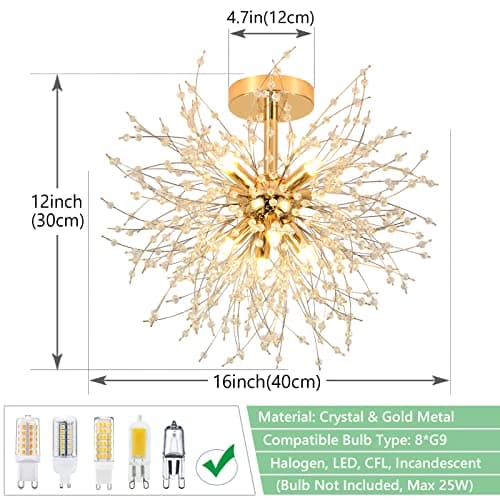 Rayofly Moderne Plafonnier En Cristal, feux D'artifice lustre, D'or plafonniers, dimmable Pendentif Lumière, 8 G9 Luminaire, Lampe Pour Salon, chambre, salle à manger, cuisine, couloir