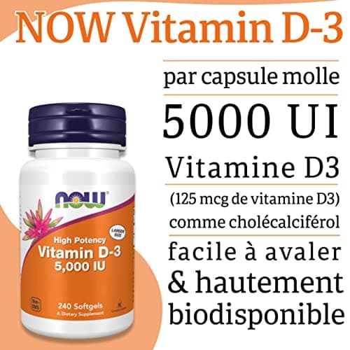 Now Foods, Vitamin D3 Depot, 5.000IU, Cholécalciférol, Haute Dosé, 1 Capsule tous les 5 Jours, 240 Capsules molles, Testé en Laboratoire, Sans Soja, Sans Gluten, Sans OGM