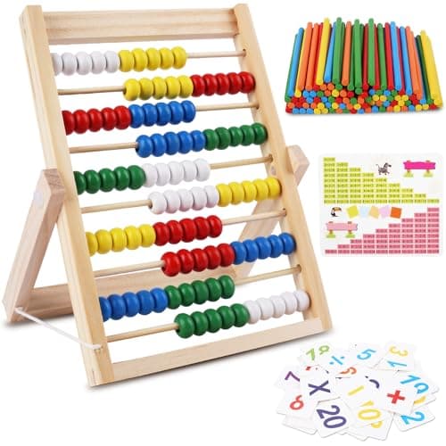 RNHDLY Boulier Enfant, Boulier Règle à Calcul, Abaque en Bois Aide au Calcul avec 100 Perles, Baguettes de Comptage, Cartes Numériques, Boulier Abaque Enfant Bois pour Les Enfants à Partir de 3 Ans