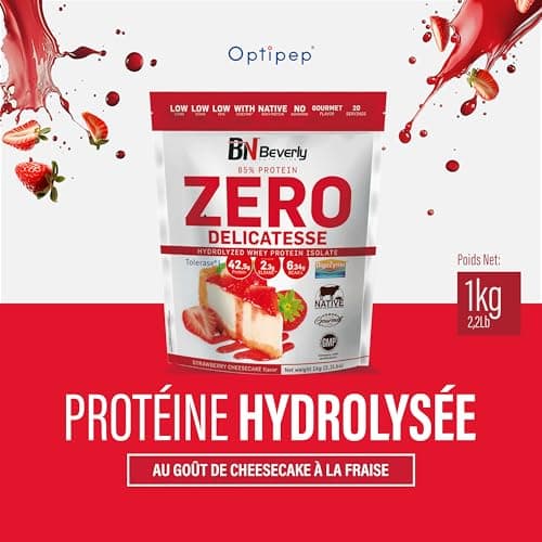 Beverly ZERO DÉLICATESSE | 1 kg | 85% de protéines de lactosérum hydrolysées | Avec Digezyme et Tolerase | Masse et force musculaire | Mixeur gratuit (GÂTEAU AU FROMAGE AUX FRAISE)