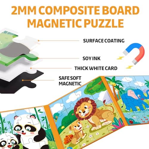 Puzzles Magnétiques pour Enfants de 3-4-5 Ans, Jisrcha Puzzle Voyage, 73 Pièces 4 en 1 Puzzles Magnétiques d'animaux pour L'avion et La Voiture Voyage, Jouets pour Garçons et Filles (A)