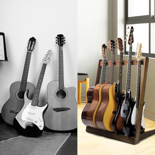 Support de guitare pour plusieurs guitares, support de guitare en bois, avec fente pour médiator, pour 5 guitares acoustiques, 5 guitares électriques ou 5 basses, ou 4 boîtes de guitares - Pour la