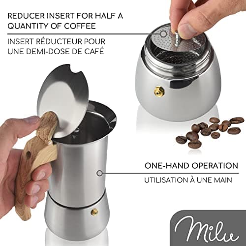 Milu cafetière Italienne Induction | 2 4 6 9 Tasses | Cafetière Moka en INOX, Espresso Maker Acier Inoxydable, Ensemble comprenant un sous-verre, une cuillère (Aspect bois, 6 tasses (300ml