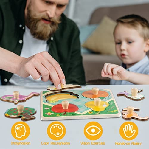 Funsland Puzzle Bois Bebe, 4 Pièces Puzzle en Bois Enfant À Puzzle Encastrement de Animaux, Fruits, Animaux Marins, Jouet Éducatif, Montessori Jouets Cadeaux pour Bebe 1 2 3 an