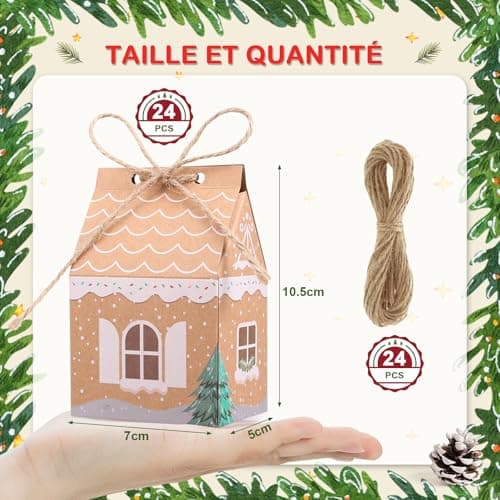 LEMESO 24 Sacs Cadeau de Noël, Boîte de Calendrier de l'Avent à Remplir, Sac en Papier Kraft Sac Bonbon Idéal pour Noël Anniversaire Mariage