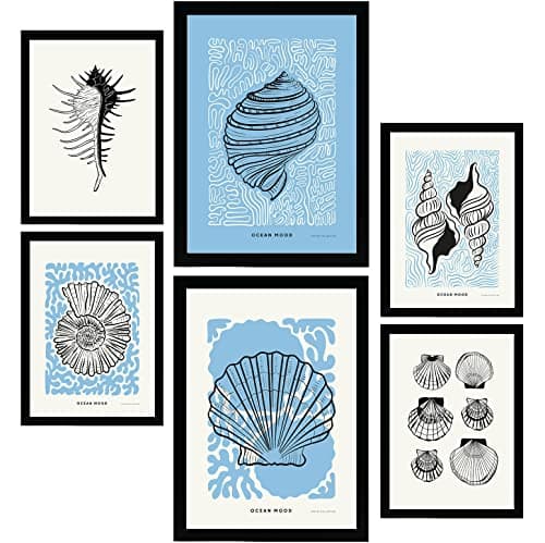 Nacnic Ensemble de 6 affiches à l'encre noire. Fleurs d'iris. Impressions artistiques de la mer et de l'océan pour l'aménagement intérieur et la décoration. A3 et A4, cadres noirs.