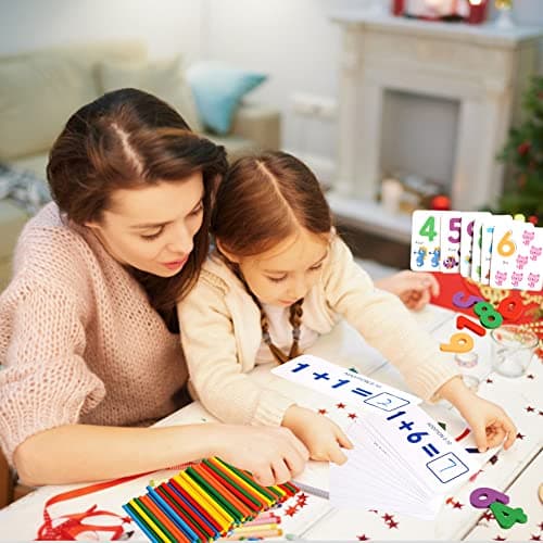 URFEDA Bâtonnets de comptage en bois, blocs de chiffres avec carte flash mathématiques, jouets d'apprentissage précoce Montessori, jouets éducatifs intelligence pour enfants de 3 ans et plus