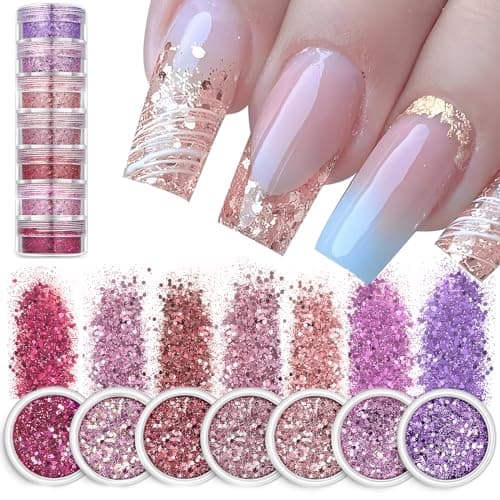 7 Boîtes Paillette Ongle Glitter Nail Art Sequin Poudre Décoration Manucure Maquillage Ongle Visage Corps Cheveux pour Femme Fille (Rose)