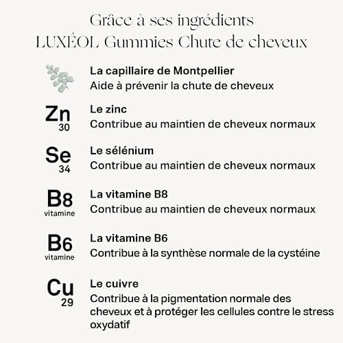 LUXÉOL - Gummies Chute Cheveux - Complément Alimentaire - Aide À Prévenir La Chute - Arômes Naturels Orange & Mandarine - Sans Sucres - Fabriqué En France - Programme 1 Mois - 60 Gummies