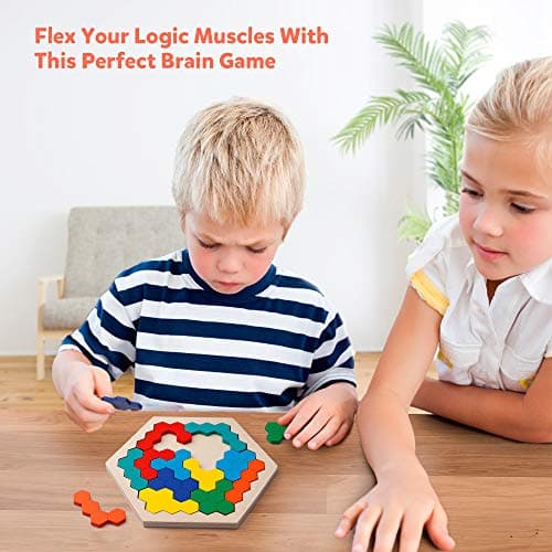 Coogam en Bois Hexagone Puzzle - Forme Bloc Tangram Casse-tête Jouet Géométrie Logique IQ Jeu STEM Montessori Cadeau Éducatif pour Tous Les Ages Défi