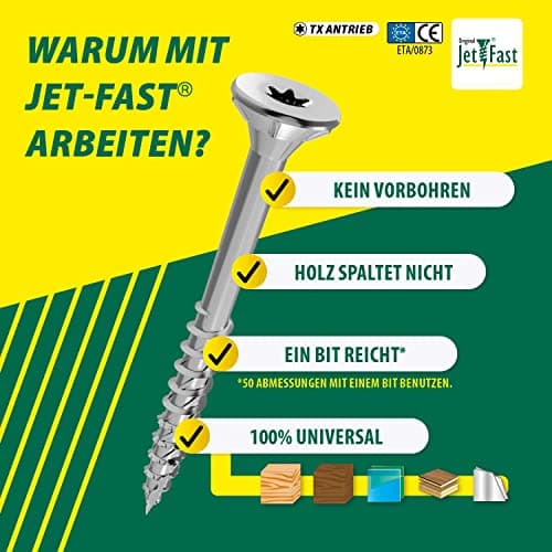 Jet-Fast Premium Vis universelles 5,0 x 90 mm, 100 pièces, tête fraisée Duo, filetage partiel TX, bleu galvanisé, vis à bois, vis pour panneaux d'aggloméré, pointe Cut