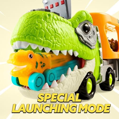 JOYIN Mini Camion de Transport de Dinosaures avec 6 véhicules Jouets en Caoutchouc Souple, avec Musique et Son Puissant, lumières Clignotantes, Cadeaux pour garçons et Filles à partir de 2 Ans(orange)