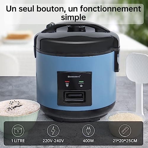 Eamoment DRC-5020BL 1 l | Cuiseur à riz et cuiseur vapeur 400 W (1 l à 5 tasses) pour 1 à 5 personnes Cuisson rapide sans brûler Revêtement antiadhésif amovible, cuillère à riz et gobelet doseur, bleu