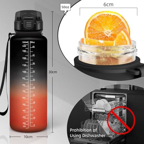 Gourde 1.5L, Gourde Sport avec Paille, Gourde Motivation anti Fuite, avec Marqueur de Temps, Gourdes de Camping et Randonnée, Facile à Nettoyer, Gourde Adulte pour Yoga, Running, Camping, Noir-Rouge