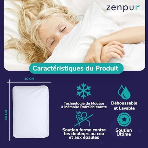 ZenPur Oreiller Cervical Souple 13cm - Coussin Mémoire de Forme Moelleux - Spécial Dormeurs sur Le Ventre, Enfants - 40x60, Certifié Oeko-TEX
