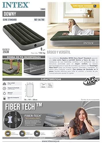Intex matelas gonflable downy - 1 pers + gonfleur a pied intégré