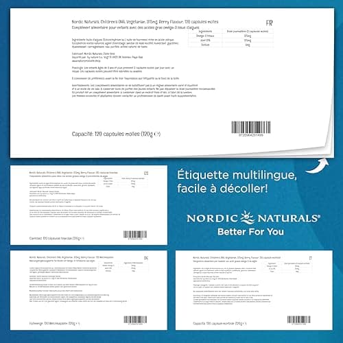 Nordic Naturals, Vegetarian Children's DHA, 375mg d'Oméga-3 d'Huile d'Algues, avec EPA et DHA, 120 Capsules molles végétaliennes, Testé en Laboratoire, Végétarien, Sans Soja, Sans Gluten, Sans OGM