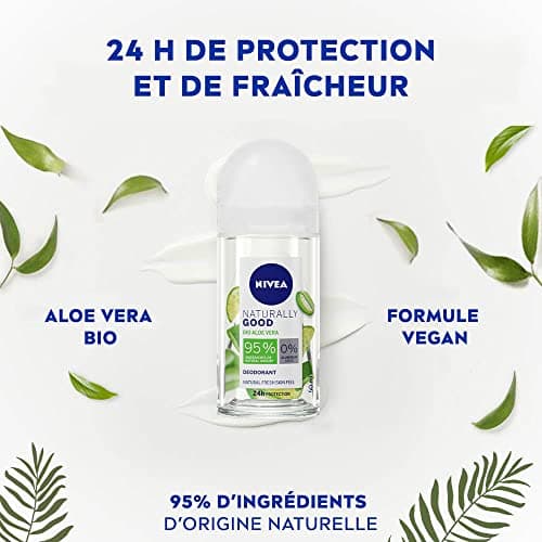 NIVEA NATURALLY GOOD Déodorant Femme Aloe Vera Bio Bille 50 ml, déodorant avec 95% d’ingrédients d’origine naturelle, roll-on fraîcheur 24h