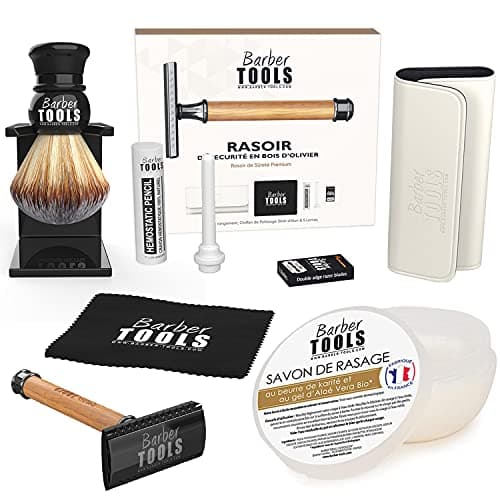 Kit de rasage - Rasoir de Sécurité/Rasoir de Sûreté + 5 doubles lames + Blaireau de rasage + savon de rasage 150ml + Pierre d'alun ✮ BARBER TOOLS ✮