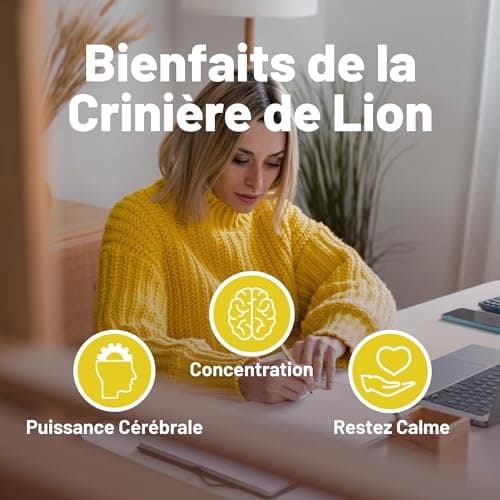 Complexe de capsules de supplément de champignons Lions Mane - Supplément sans caféine, extrait de crinière de lion - 120 capsules végétaliennes de Bacopa Monnieri, Gotu Kola, Ginseng