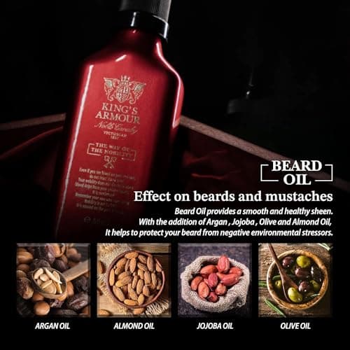 King's Armour Huile à Barbe (50ml) - Adoucit, renforce, pousse et nourrit la barbe - Huiles uniques de jojoba, d'argan et d'amande douce - Rafraîchit toute la journée avec son parfum magique