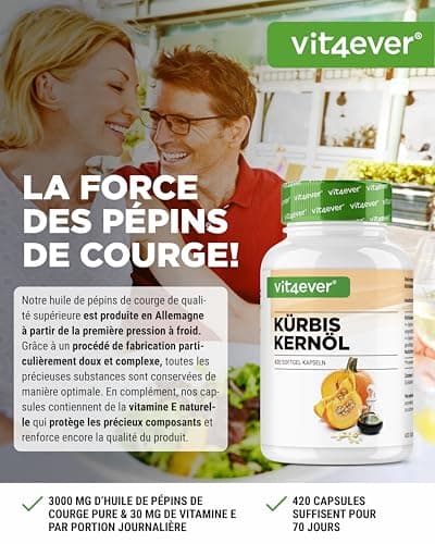 Huile de pépins de courge - 420 capsules - 3000 mg par portion journalière - Avec vitamine E naturelle - Hautement dosée - Naturelle et pressée à froid