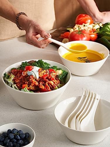 DOWAN Saladiers, 950 ml Grand Bol à Soupe, Bols à Salade, Bols de Service à Céréales en Céramique, Bol à Ramen, Ensemble de bols de Grand Diamètre, Blanc, Lot de 4