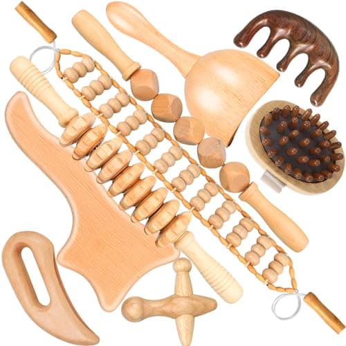 Lot de 9 outils de massage thérapeutique du bois pour façonner le corps, kit Maderoterapia pour drainage lymphatique anti-cellulite, ensemble de rouleaux de massage incurvés en bois pour jambes et