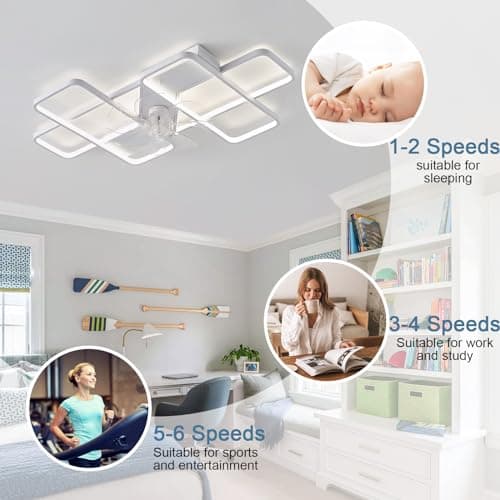 LED Plafonnier Ventilateur De Plafond APP Dimmable Réversible Grande Plafonnier Avec Ventilateur Et Télécommande Silencieux 6 Vitesses Lampe Ventilateur Intelligent Moderne 35inch Pour Chambre-White