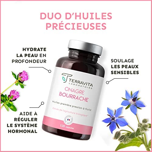 ONAGRE et BOURRACHE | Huiles BIO Première Pression à Froid | 120 Capsules de 500 mg | Hydratation de la Peau en Profondeur | Régulation du Système Hormonal | Label Ecocert Made in France | Terravita