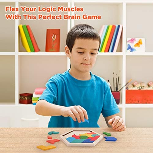 Coogam Puzzle en Bois pour Enfants - Forme hexagonale Motif Tetris Bloc Tangram Logic IQ Jeu STEM Montessori Casse-tête Jouet Cadeau pour Adolescents
