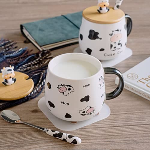 SHENDONG Tasse à café en forme de vache mignonne avec joli couvercle, dessous de verre et cuillère kawaii - Cadeau d'anniversaire pour femme, amoureux des vaches, filles et enfants