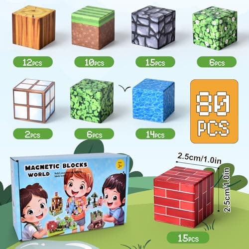 Ulikey Bloc Minecraft Aimanté, 80 Pièces Construction Magnetique Enfant 2.5CM Jeux de Construction Magnétique Forêt Cube Magnétique pour Enfants 3 4 5 6 7 8 9 10 Ans (Aventure en Forêt)