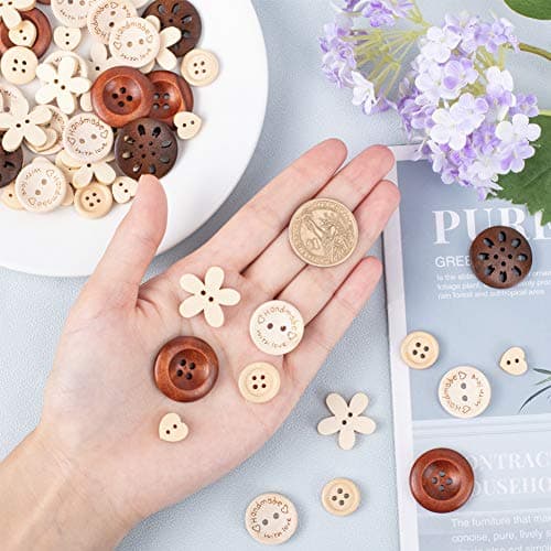 PH PandaHall 120pcs 6 Styles Boutons en Bois, Bouton Fait Main à Coudre Fleur/Rond/Coeur pour les Fournitures d'artisanat