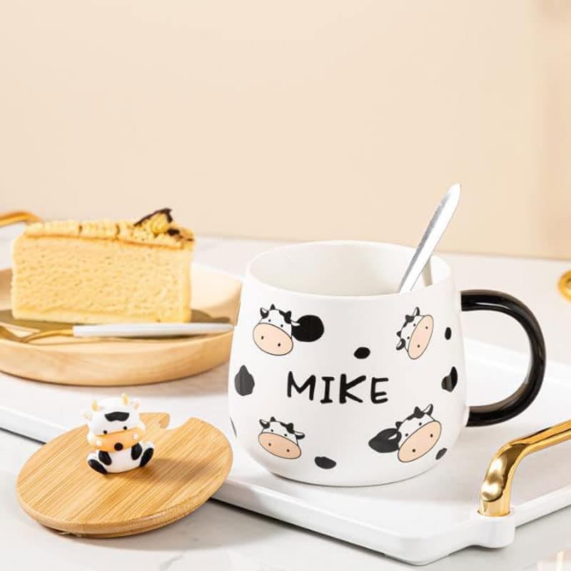 Tasse Vache Mignonne, Petit déJeuner, Café, avec Cuillère et Couvercle, Compagnon Amateur de Lait, pour Café, Boissons, Porridge (B, Céramique, 400ml)