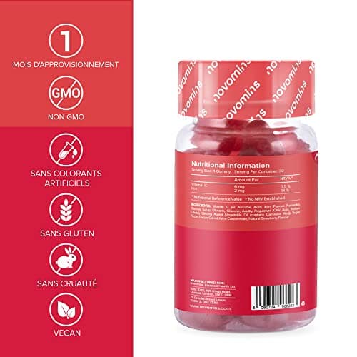 Novomins Gummies au Fer Enfants – Supplément de Fer pour Enfants – Energie et Système Immunitaire – Végétaliens – 1 Mois d'Approvisionnement – 30 Vitamines à Macher pour Enfants