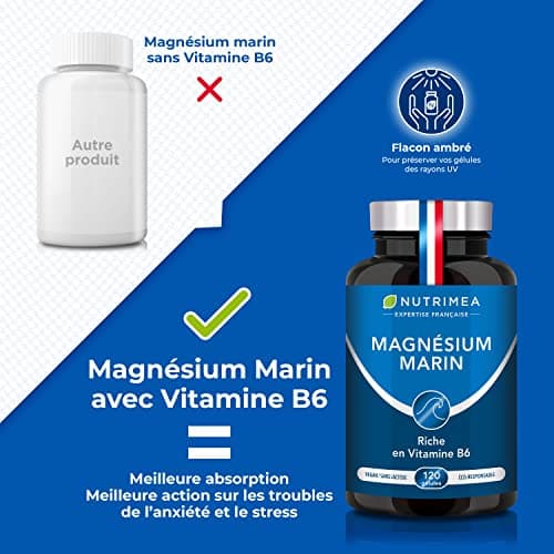 Magnésium Marin et Vitamine B6 | Breveté Simag55TM | Combat Efficacement la Fatigue | 150 mg/jour | 120 Gélules d'Origine Végétale | 4 Mois de Cure | Fabrication Française | Nutrimea